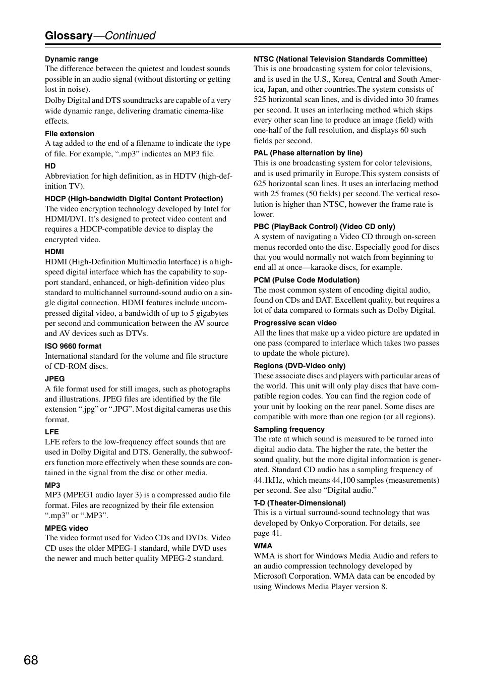 Glossary —continued | Integra DSR-4.8 User Manual | Page 68 / 80