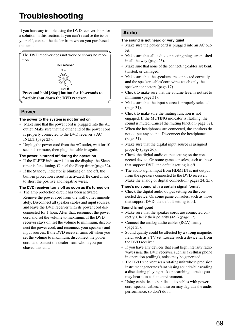 Troubleshooting, Power, Audio | Integra DSR-4.8 User Manual | Page 69 / 80