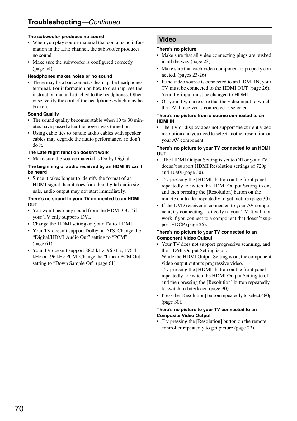 Troubleshooting —continued, Video | Integra DSR-4.8 User Manual | Page 70 / 80