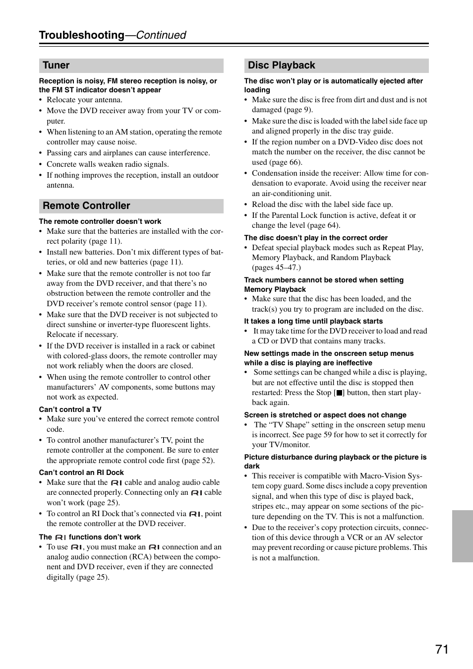Troubleshooting —continued, Tuner remote controller disc playback | Integra DSR-4.8 User Manual | Page 71 / 80