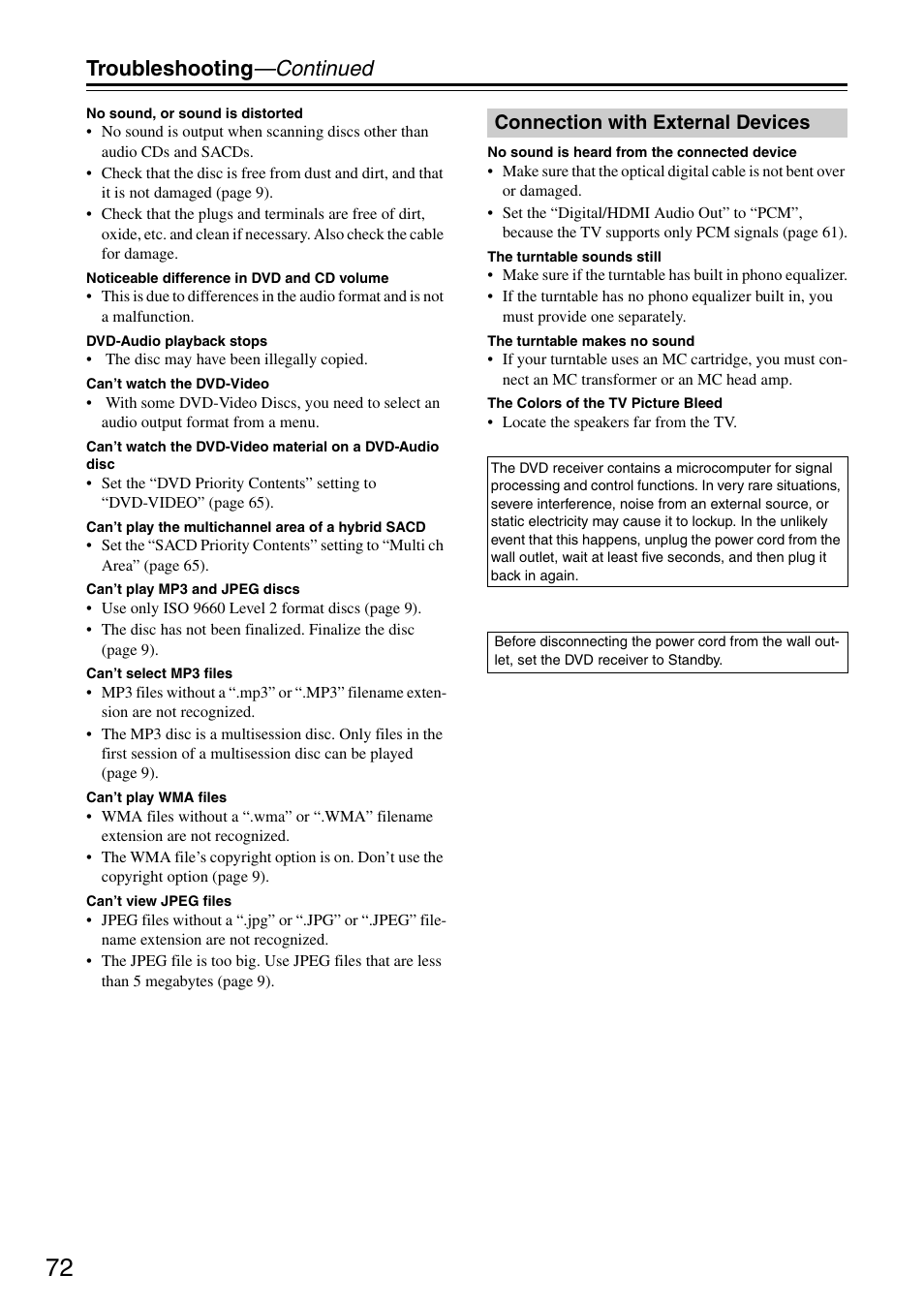 Troubleshooting —continued, Connection with external devices | Integra DSR-4.8 User Manual | Page 72 / 80