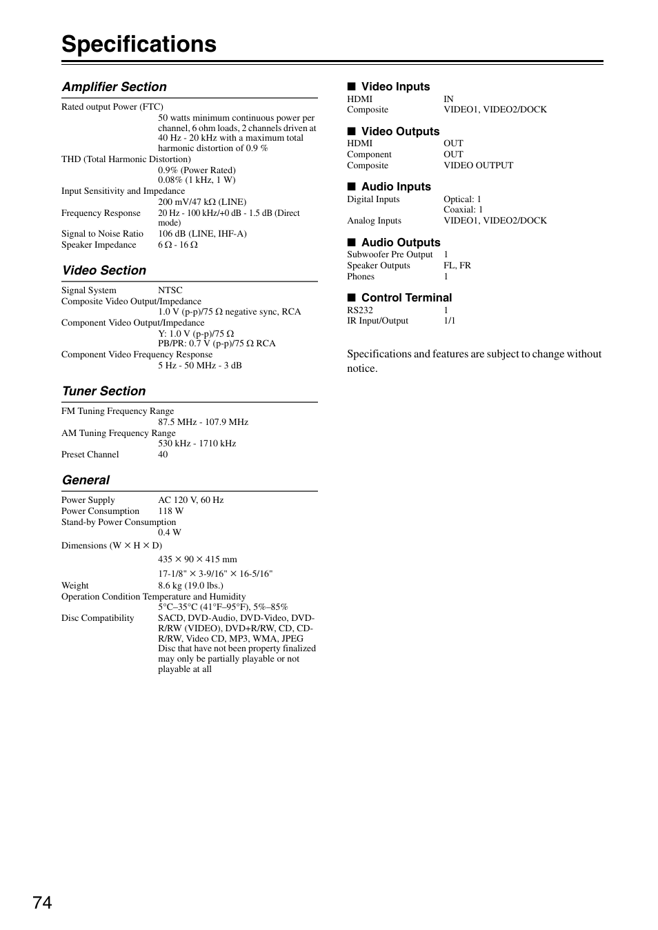 Specifications | Integra DSR-4.8 User Manual | Page 74 / 80