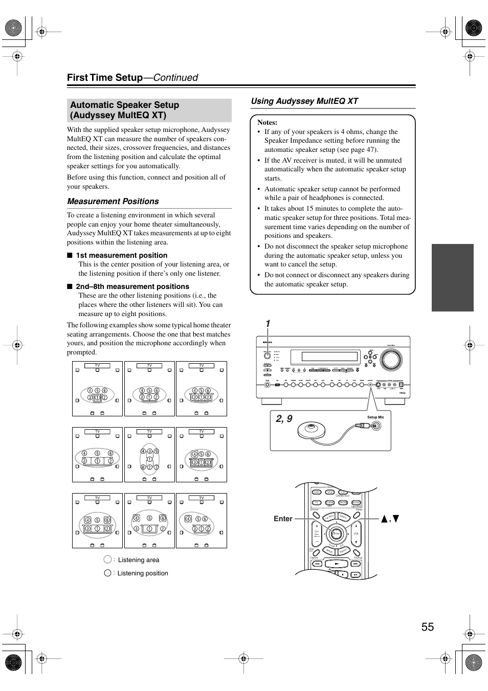 Automatic speaker setup (audysseymulteq xt), Automatic speaker setup, Audyssey multeq xt) | Setup mic (55), Y indicator (55), First time setup —continued, Automatic speaker setup (audyssey multeq xt), Measurement positions, Using audyssey multeq xt, Enter | Integra DTR-8.8 User Manual | Page 55 / 144