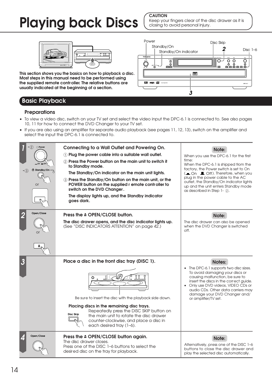 Playing back discs, Basic playback, Preparations | Connecting to a wall outlet and powering on, Press the open/close button, Place a disc in the front disc tray (disc 1), Press the open/close button again | Integra DPC-6.1 User Manual | Page 14 / 44