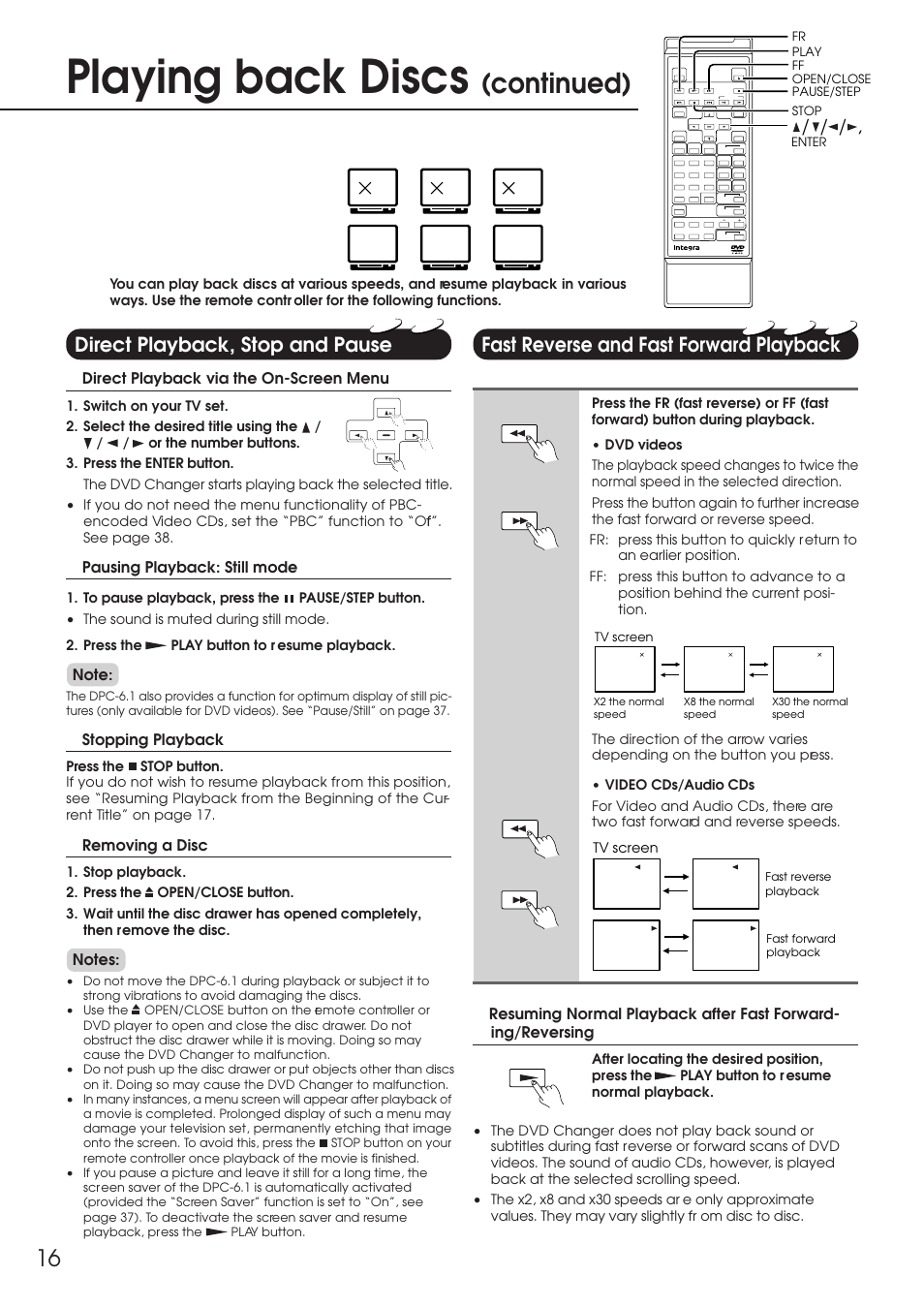 Direct playback, stop and pause, Fast reverse and fast forward playback, Playing back discs | Continued), Direct playback via the on-screen menu, Pausing playback: still mode, Stopping playback, Removing a disc | Integra DPC-6.1 User Manual | Page 16 / 44