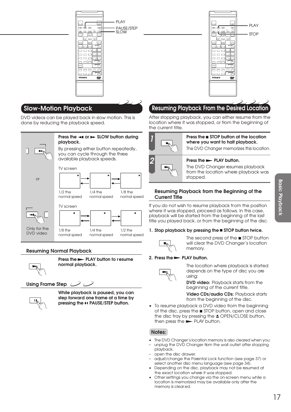 Slow-motion playback, Resuming playback from the desired location, Resuming normal playback | Using frame step | Integra DPC-6.1 User Manual | Page 17 / 44