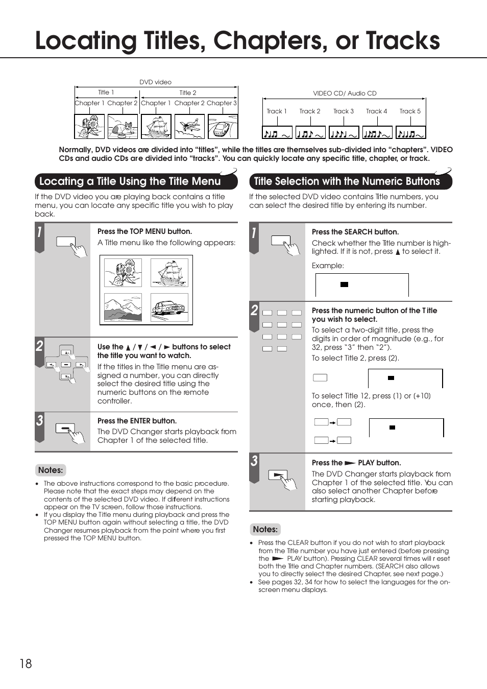 Locating titles, chapters, or tracks, Locating a title using the title menu, Title selection with the numeric buttons | Integra DPC-6.1 User Manual | Page 18 / 44