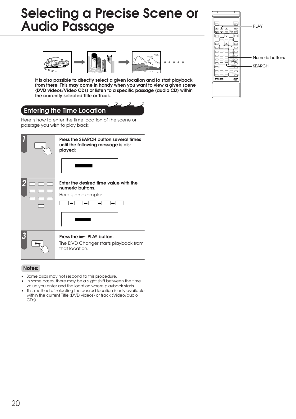 Selecting a precise scene or audio passage, Entering the time location | Integra DPC-6.1 User Manual | Page 20 / 44