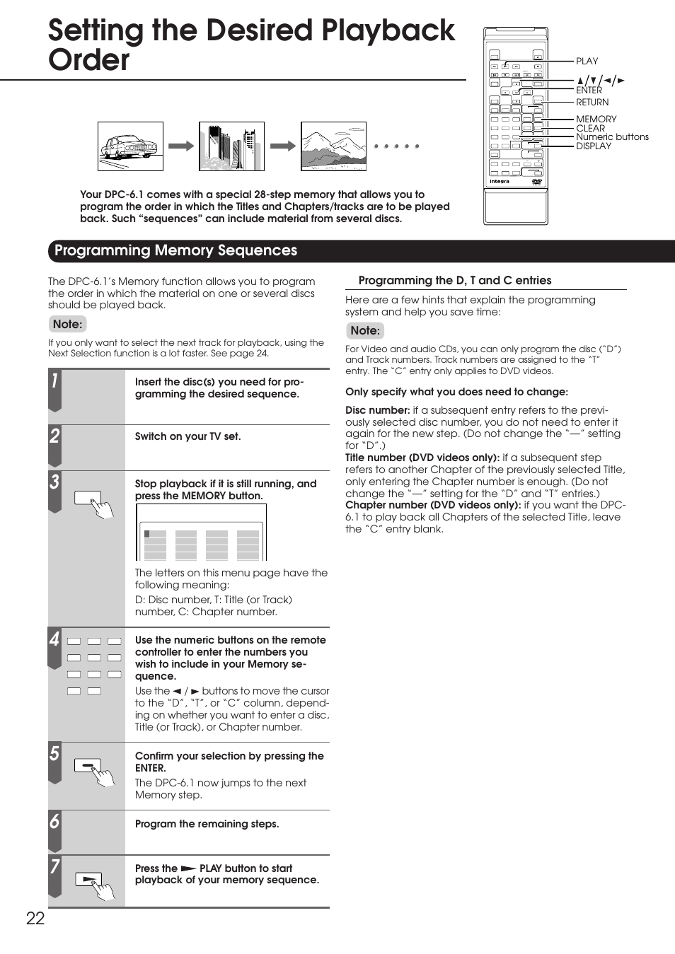 Setting the desired playback order, Programming memory sequences, Programming the d, t and c entries | Integra DPC-6.1 User Manual | Page 22 / 44