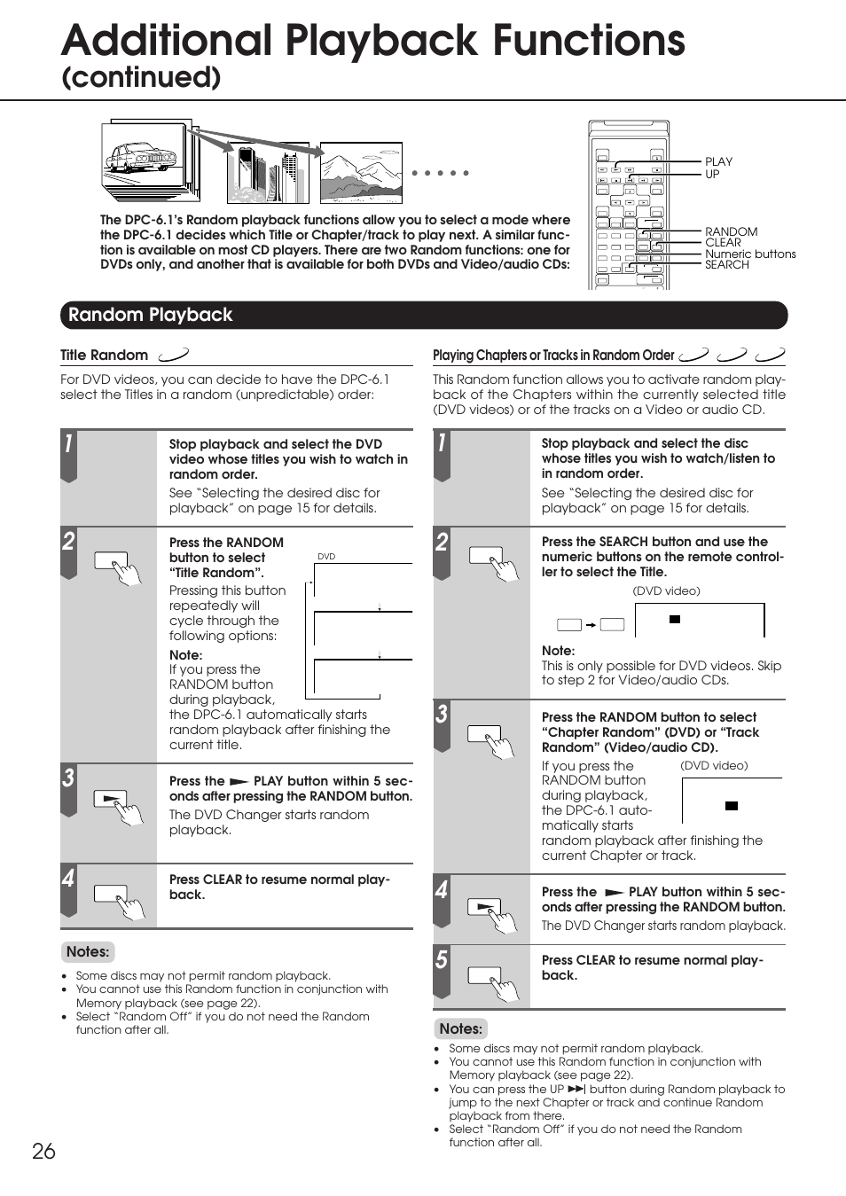 Random playback, Additional playback functions, Continued) | Title random, Playing chapters or tracks in random order | Integra DPC-6.1 User Manual | Page 26 / 44