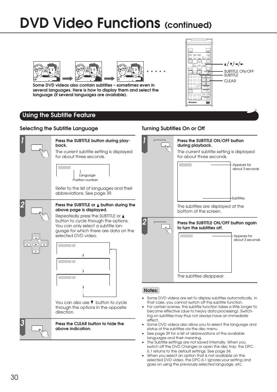 Using the subtitle feature, Dvd video functions, Continued) | Selecting the subtitle language, Turning subtitles on or off | Integra DPC-6.1 User Manual | Page 30 / 44