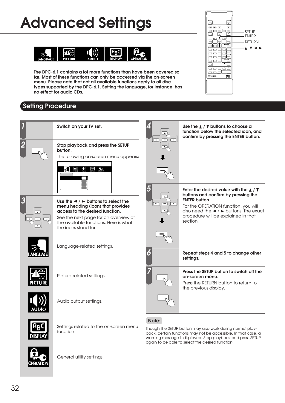 Advanced settings, Setting procedure | Integra DPC-6.1 User Manual | Page 32 / 44