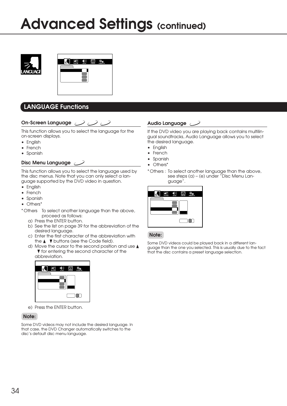 Language functions, Advanced settings, Continued) | On-screen language, Disc menu language, Audio language | Integra DPC-6.1 User Manual | Page 34 / 44