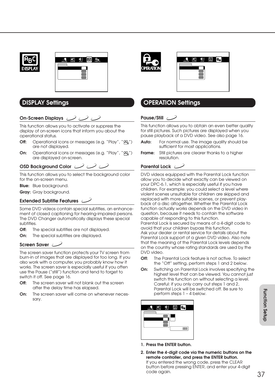 Display settings, Operation settings, Display settings operation settings | Integra DPC-6.1 User Manual | Page 37 / 44