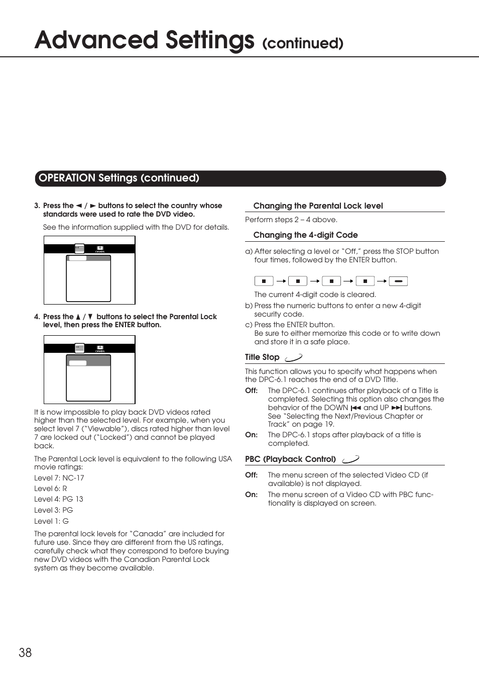 Advanced settings, Continued), Operation settings (continued) | Integra DPC-6.1 User Manual | Page 38 / 44