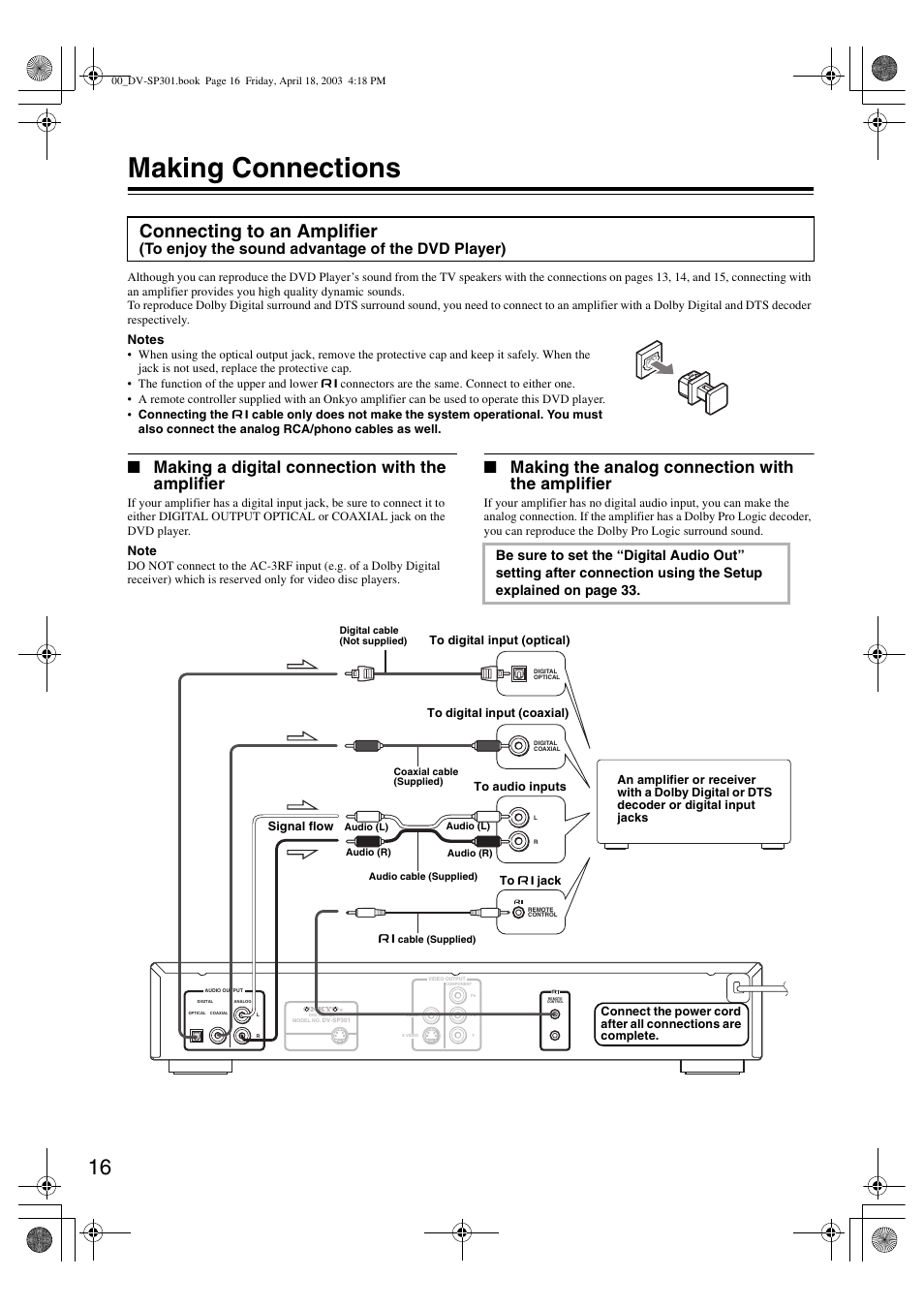 Making connections, Connecting to an amplifier, Making a digital connection with the amplifier | Making the analog connection with the amplifier | Integra DV-SP301 User Manual | Page 16 / 40