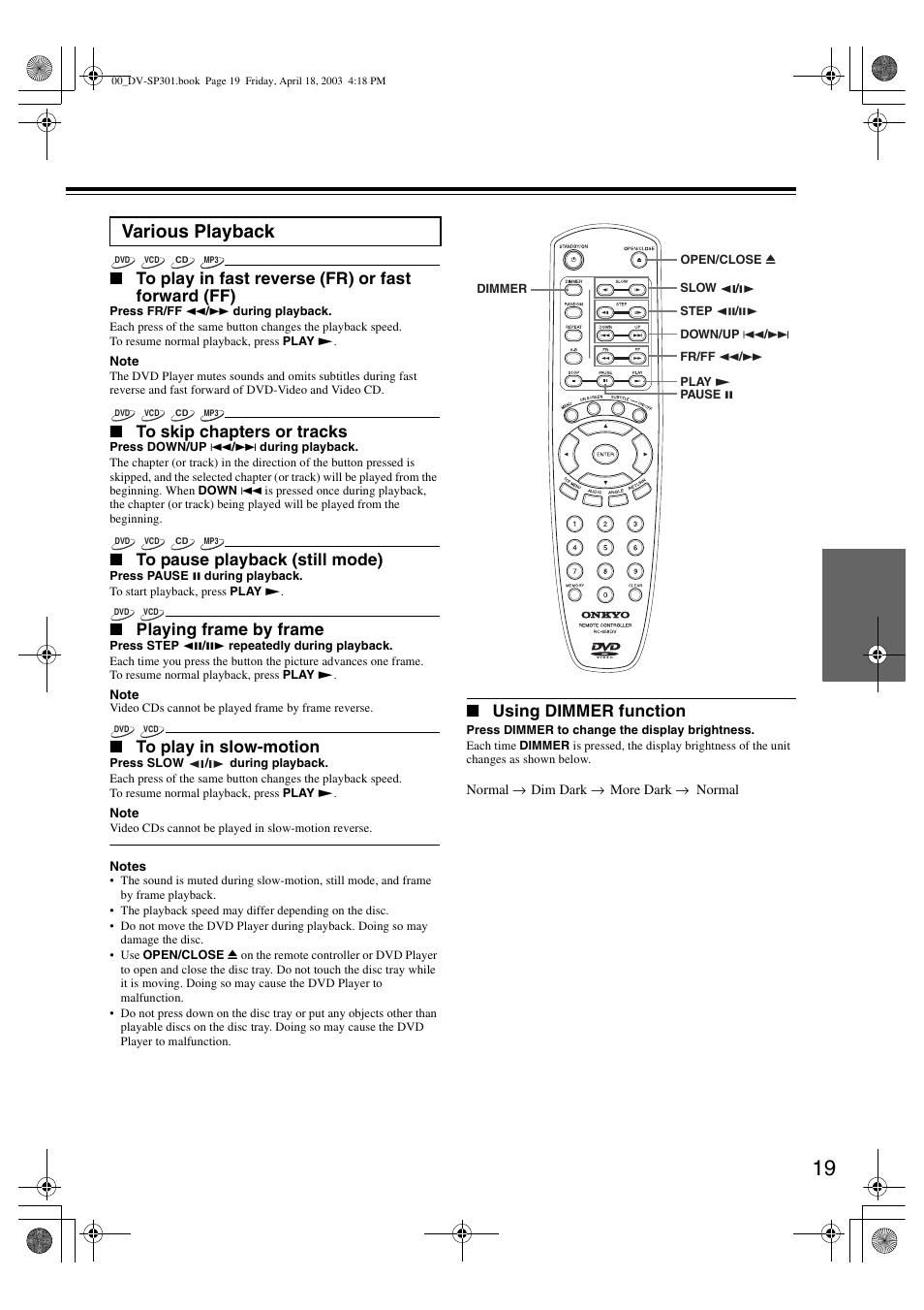 Various playback, Playing frame by frame, Using dimmer function | Integra DV-SP301 User Manual | Page 19 / 40
