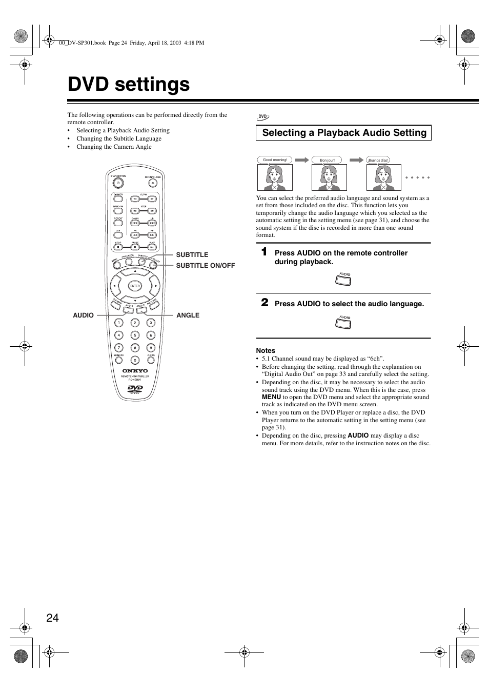 Dvd settings, Selecting a playback audio setting | Integra DV-SP301 User Manual | Page 24 / 40