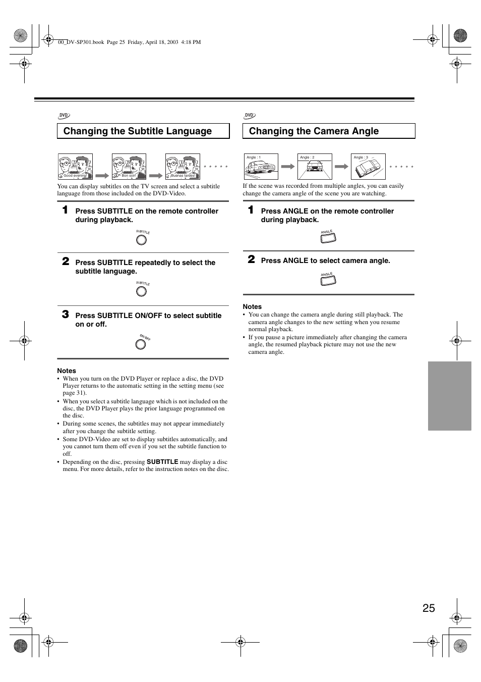 Changing the subtitle language, Changing the camera angle | Integra DV-SP301 User Manual | Page 25 / 40