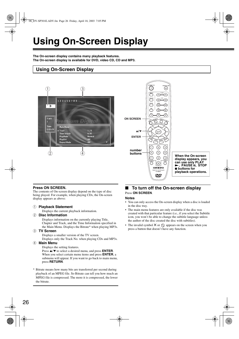 Using on-screen display | Integra DV-SP301 User Manual | Page 26 / 40