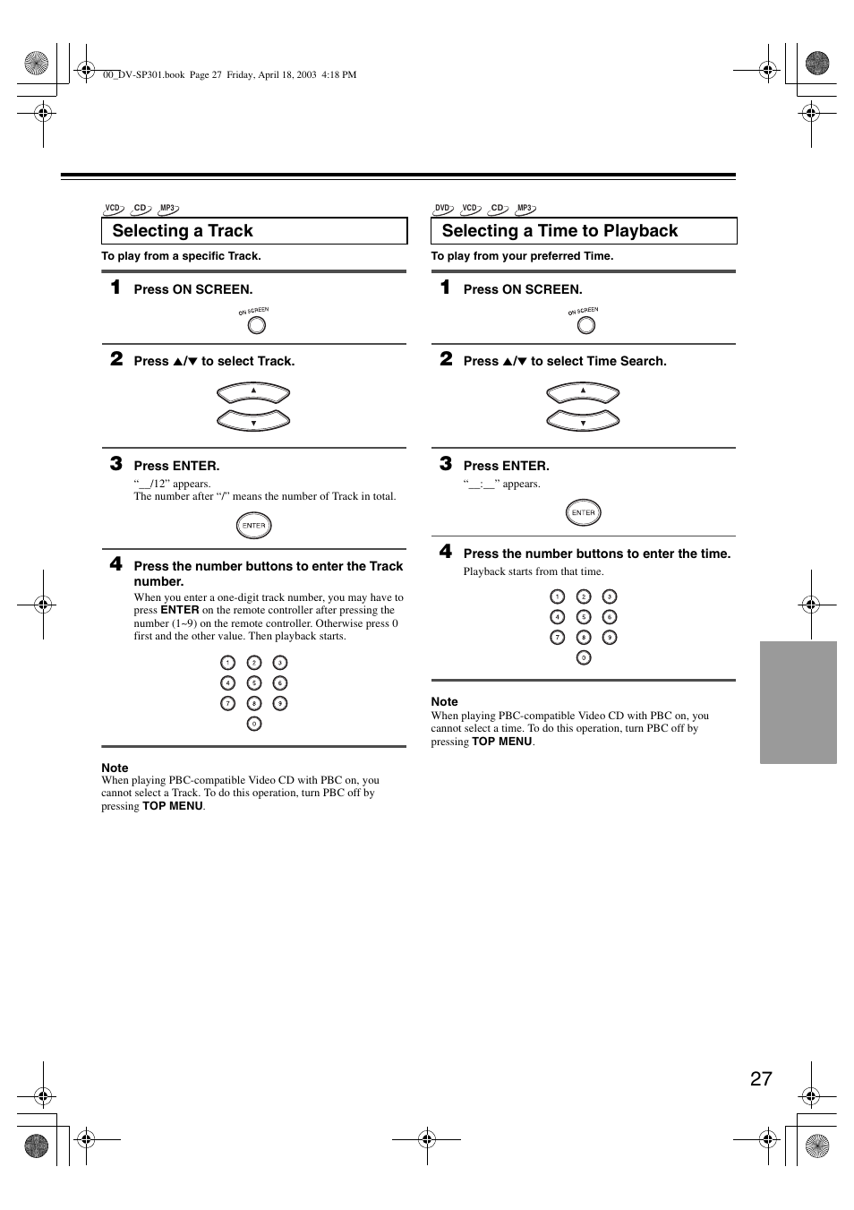 Selecting a track, Selecting a time to playback | Integra DV-SP301 User Manual | Page 27 / 40