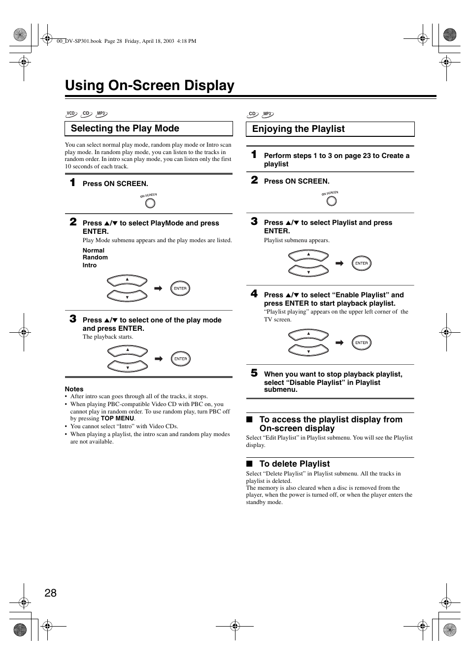 Using on-screen display, Selecting the play mode, Enjoying the playlist | Integra DV-SP301 User Manual | Page 28 / 40