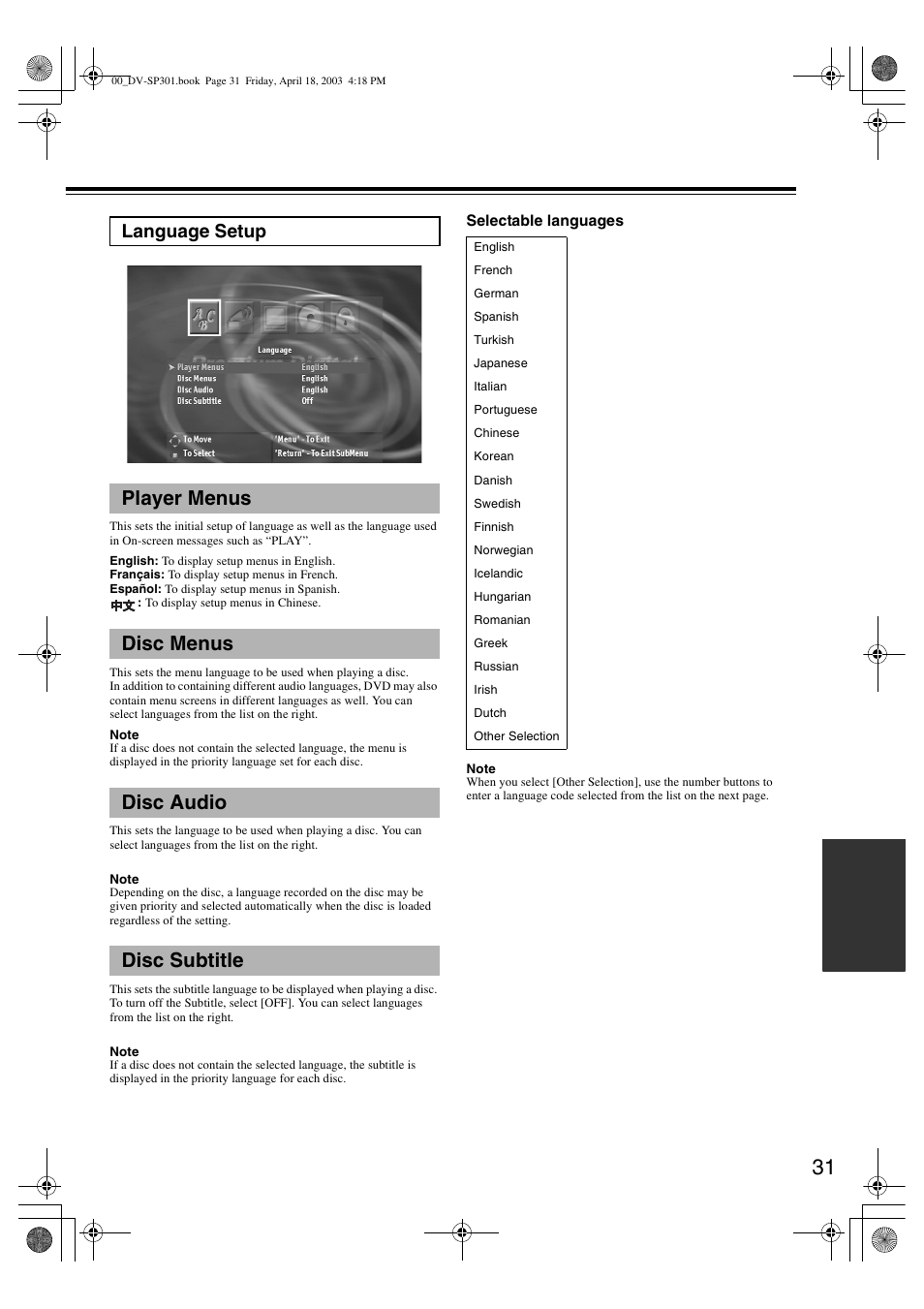 Player menus disc menus disc audio disc subtitle, Language setup | Integra DV-SP301 User Manual | Page 31 / 40