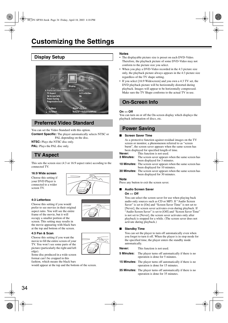 Customizing the settings, Display setup | Integra DV-SP301 User Manual | Page 34 / 40