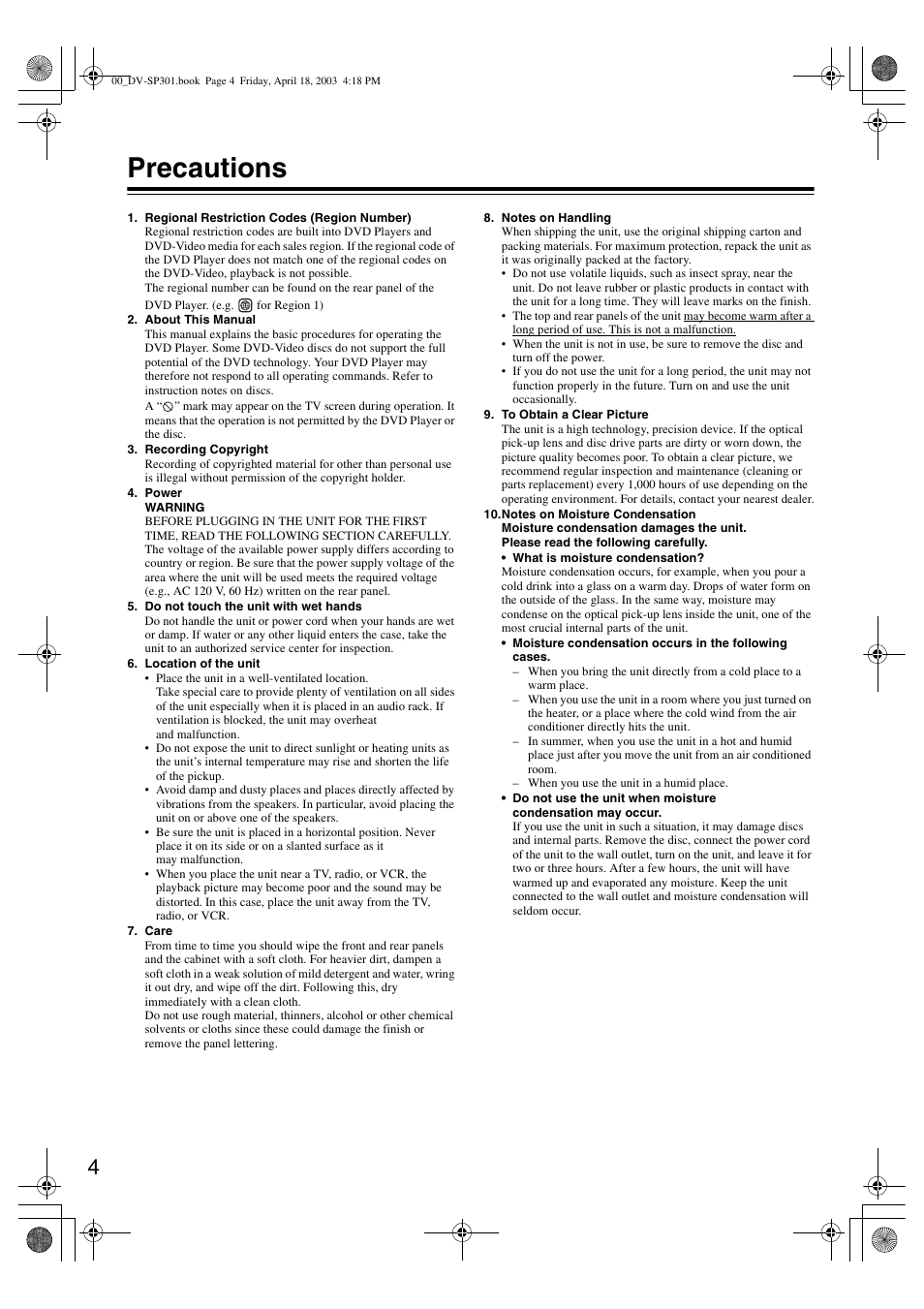 Precautions | Integra DV-SP301 User Manual | Page 4 / 40