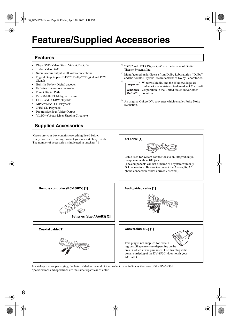 Features/supplied accessories, Features supplied accessories | Integra DV-SP301 User Manual | Page 8 / 40