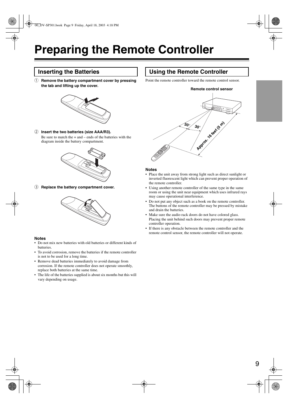 Preparing the remote controller | Integra DV-SP301 User Manual | Page 9 / 40