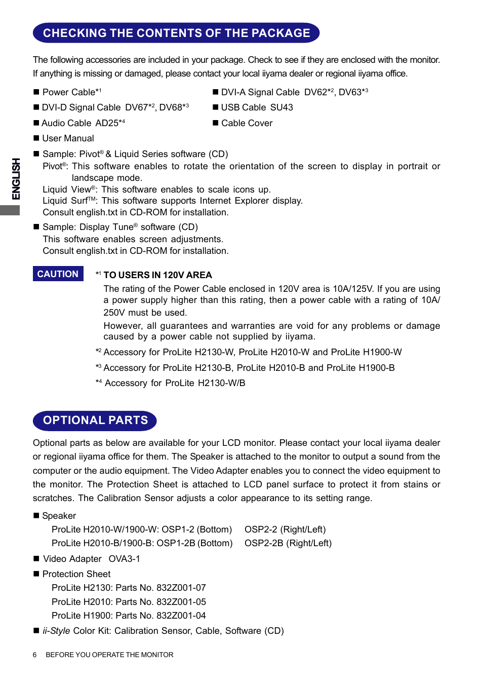 Optional parts, Checking the contents of the package, English | Iiyama PROLITE H2010 User Manual | Page 12 / 44