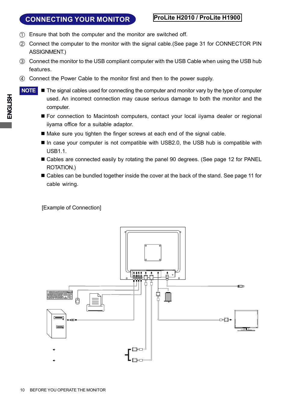 Connecting your monitor, English | Iiyama PROLITE H2010 User Manual | Page 16 / 44
