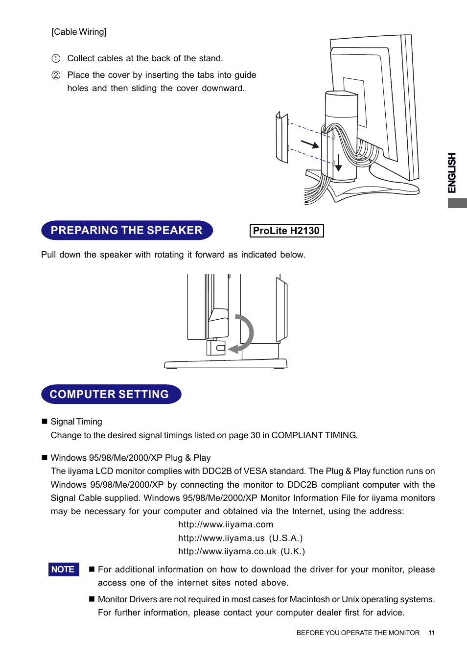 Preparing the speaker, Computer setting | Iiyama PROLITE H2010 User Manual | Page 17 / 44