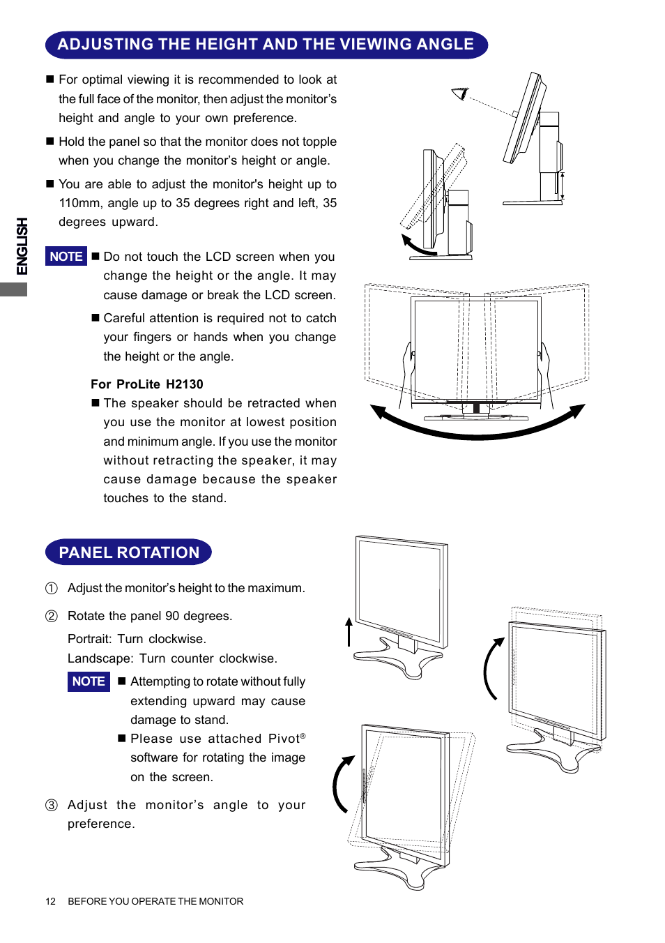 Adjusting the height and the viewing angle, Panel rotation | Iiyama PROLITE H2010 User Manual | Page 18 / 44