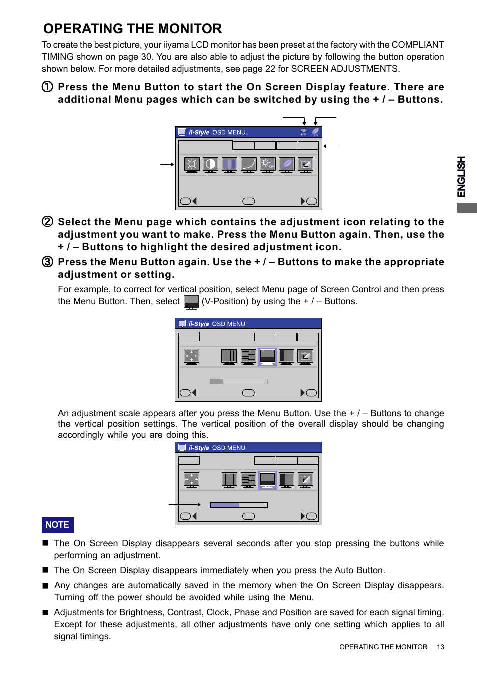 Operating the monitor, English | Iiyama PROLITE H2010 User Manual | Page 19 / 44