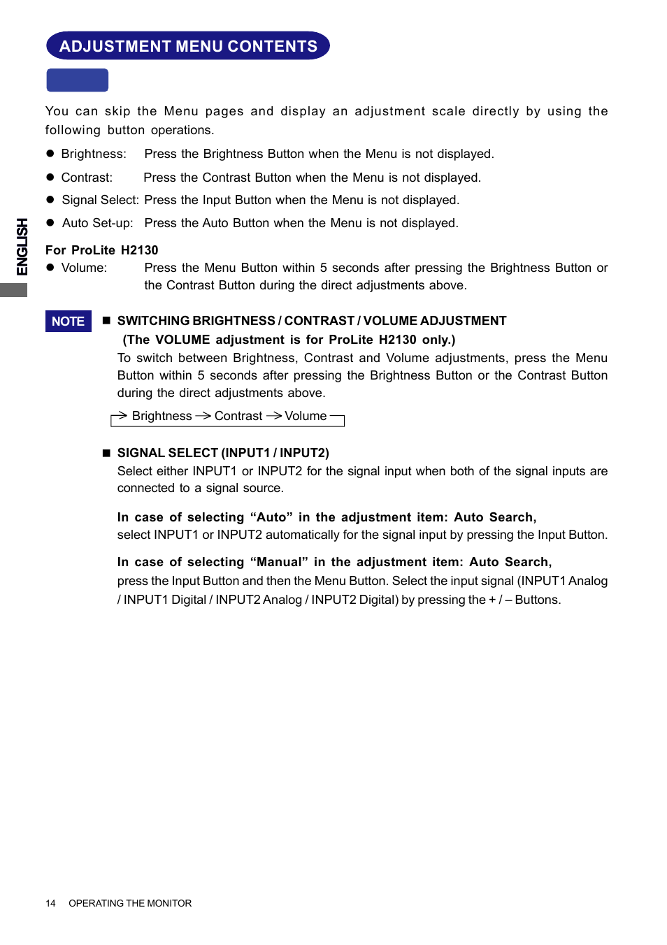 Adjustment menu contents, Direct | Iiyama PROLITE H2010 User Manual | Page 20 / 44