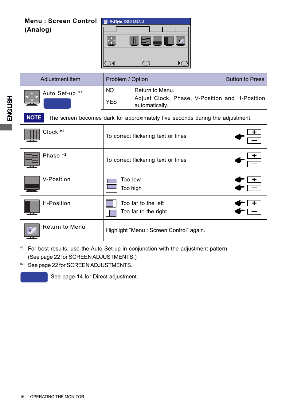 Direct, English, Menu : screen control (analog) | Iiyama PROLITE H2010 User Manual | Page 22 / 44