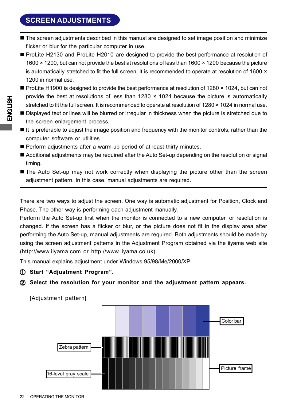 Screen adjustments | Iiyama PROLITE H2010 User Manual | Page 28 / 44