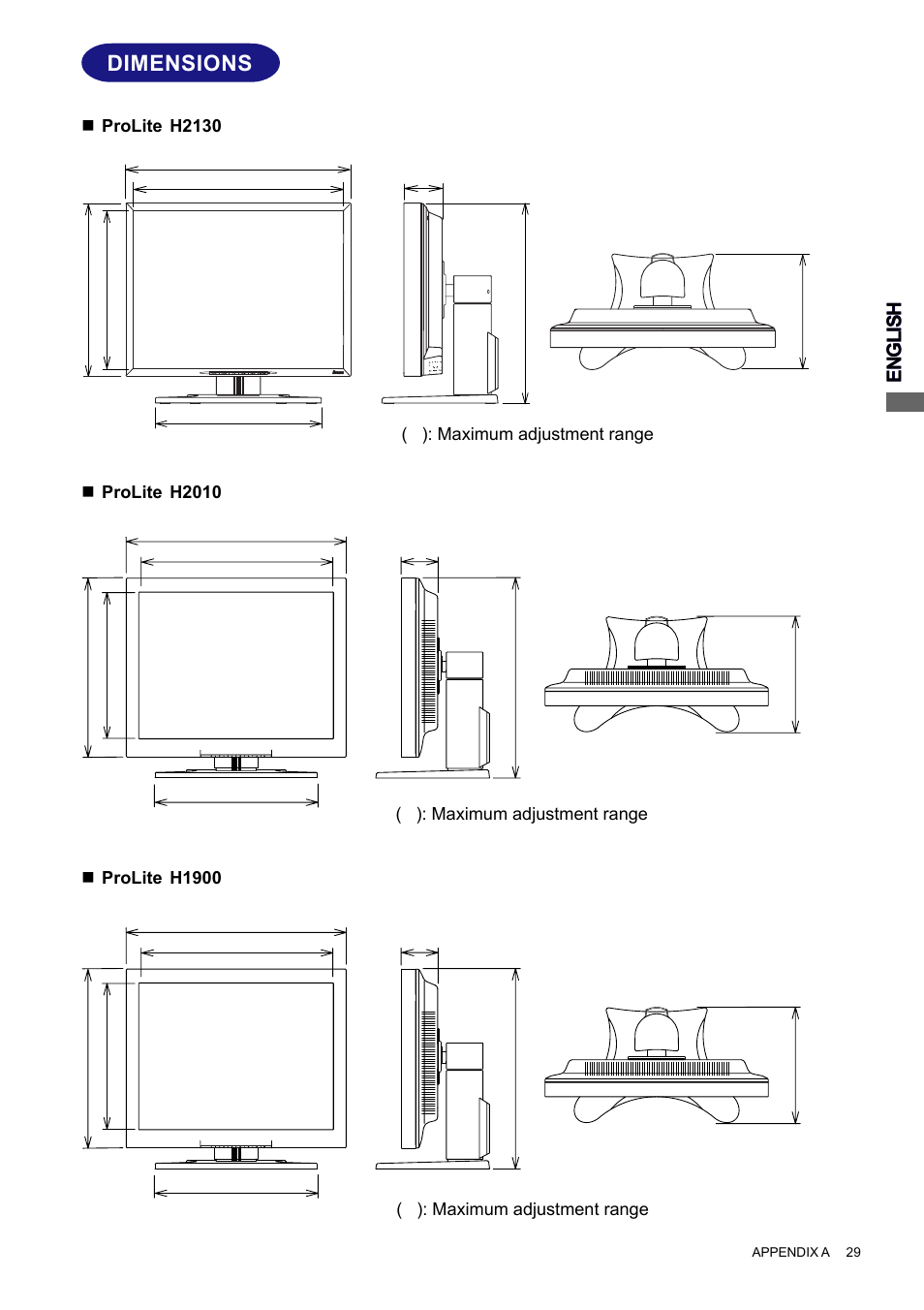 Dimensions | Iiyama PROLITE H2010 User Manual | Page 35 / 44