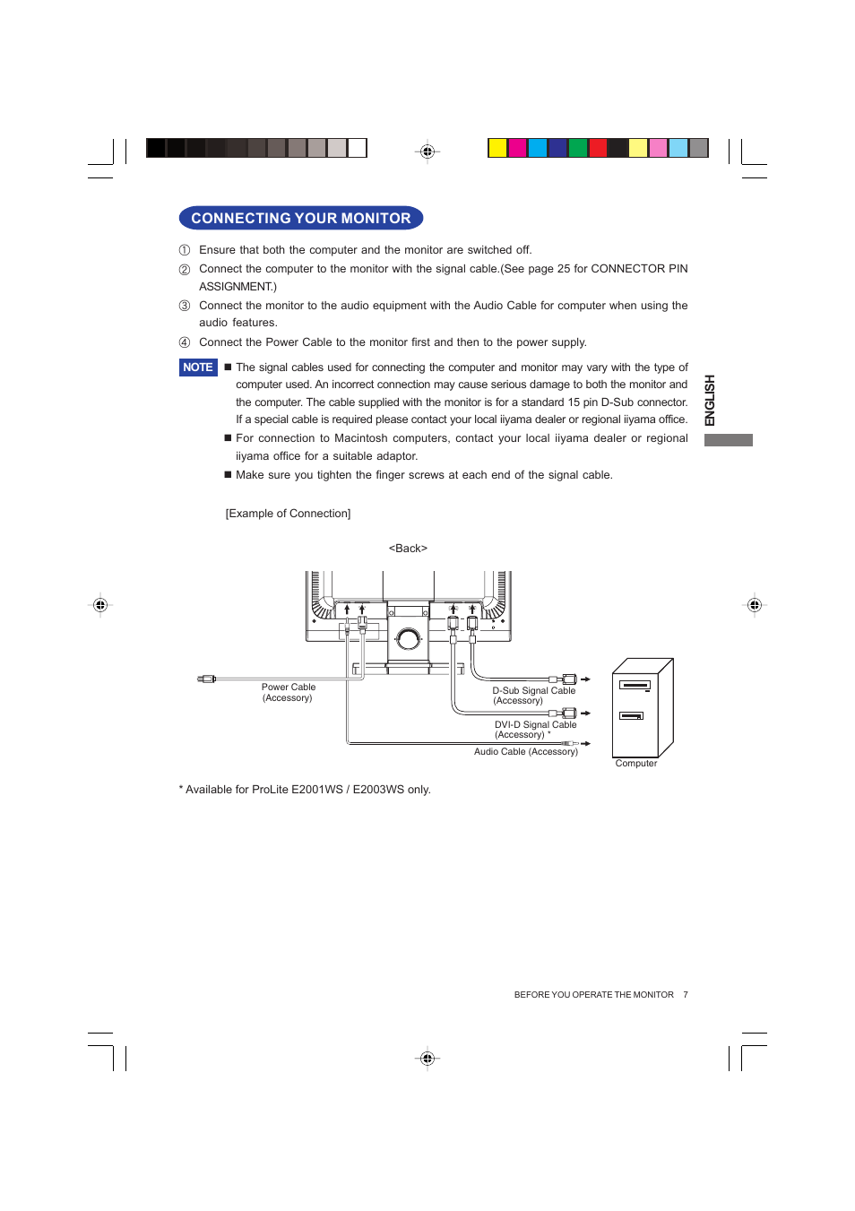 Connecting your monitor | Iiyama PROLITE E2003WSV User Manual | Page 11 / 30
