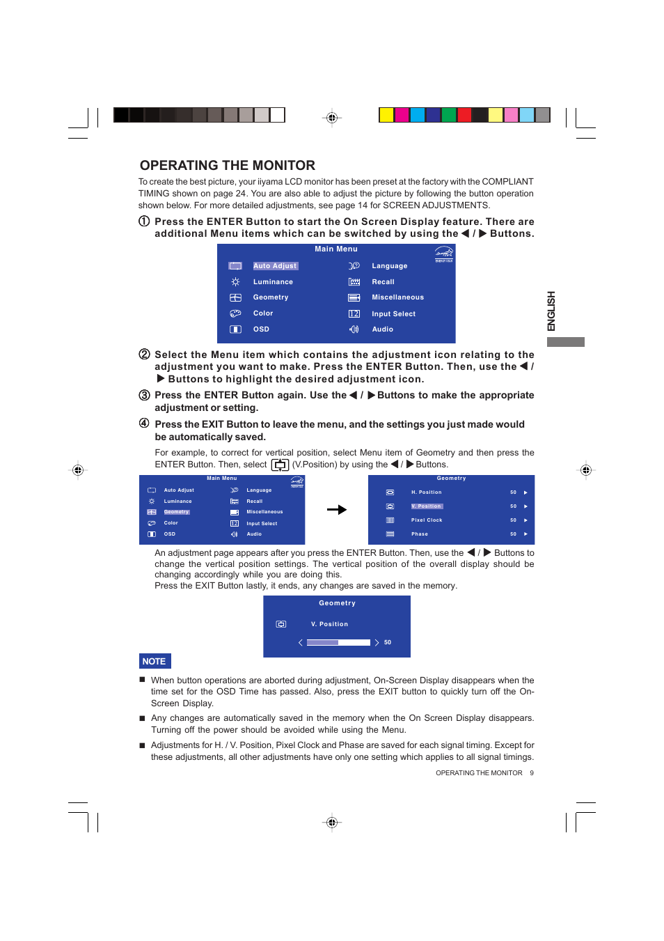 Operating the monitor, Adjusting | Iiyama PROLITE E2003WSV User Manual | Page 13 / 30
