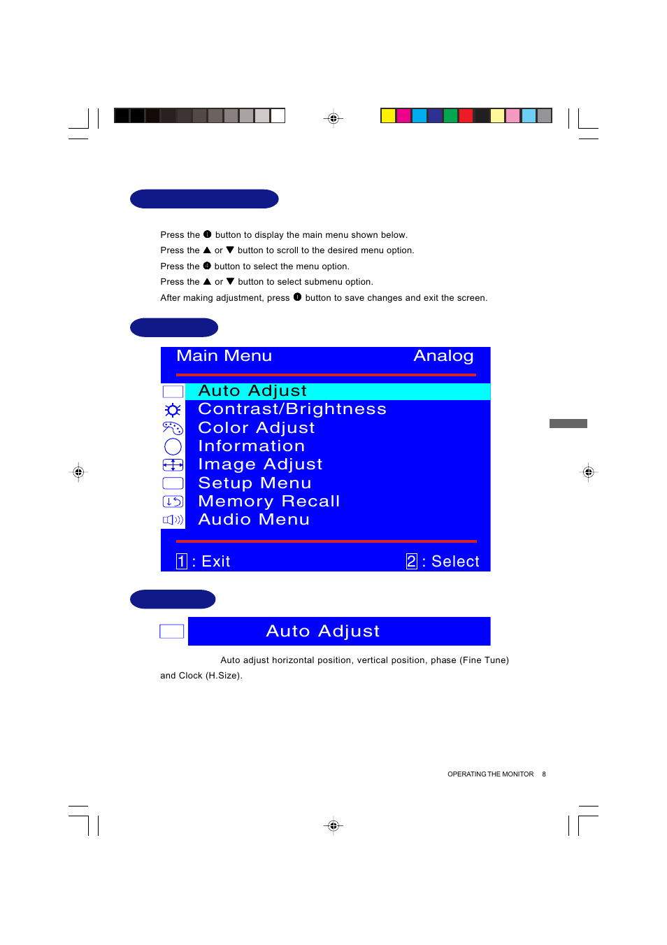 Auto adjust, 1 : exit 2 : select, Operating the monitor | Iiyama Prolite E4835 User Manual | Page 13 / 25