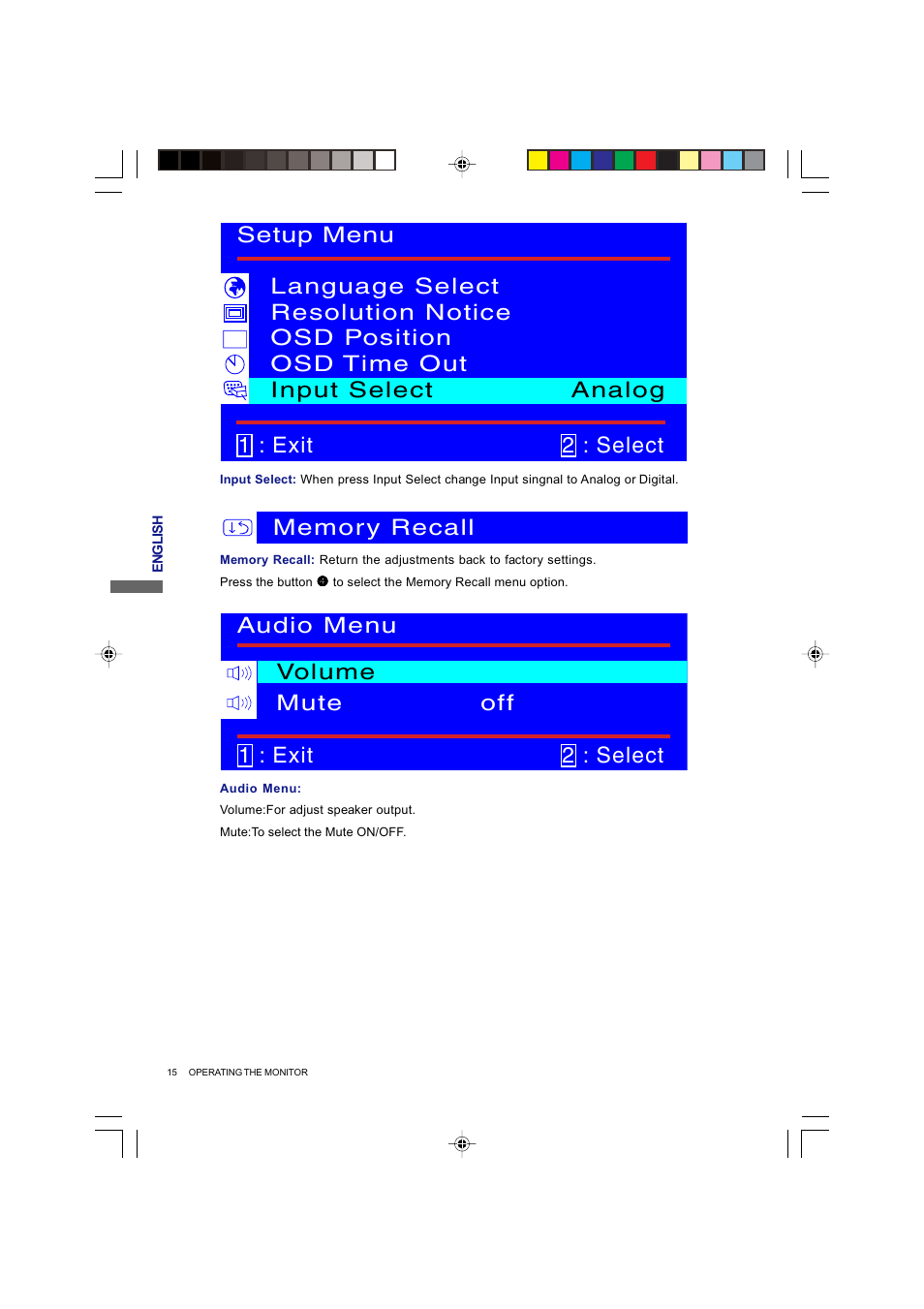 1 : exit 2 : select audio menu volume mute off, Setup menu | Iiyama Prolite E4835 User Manual | Page 20 / 25