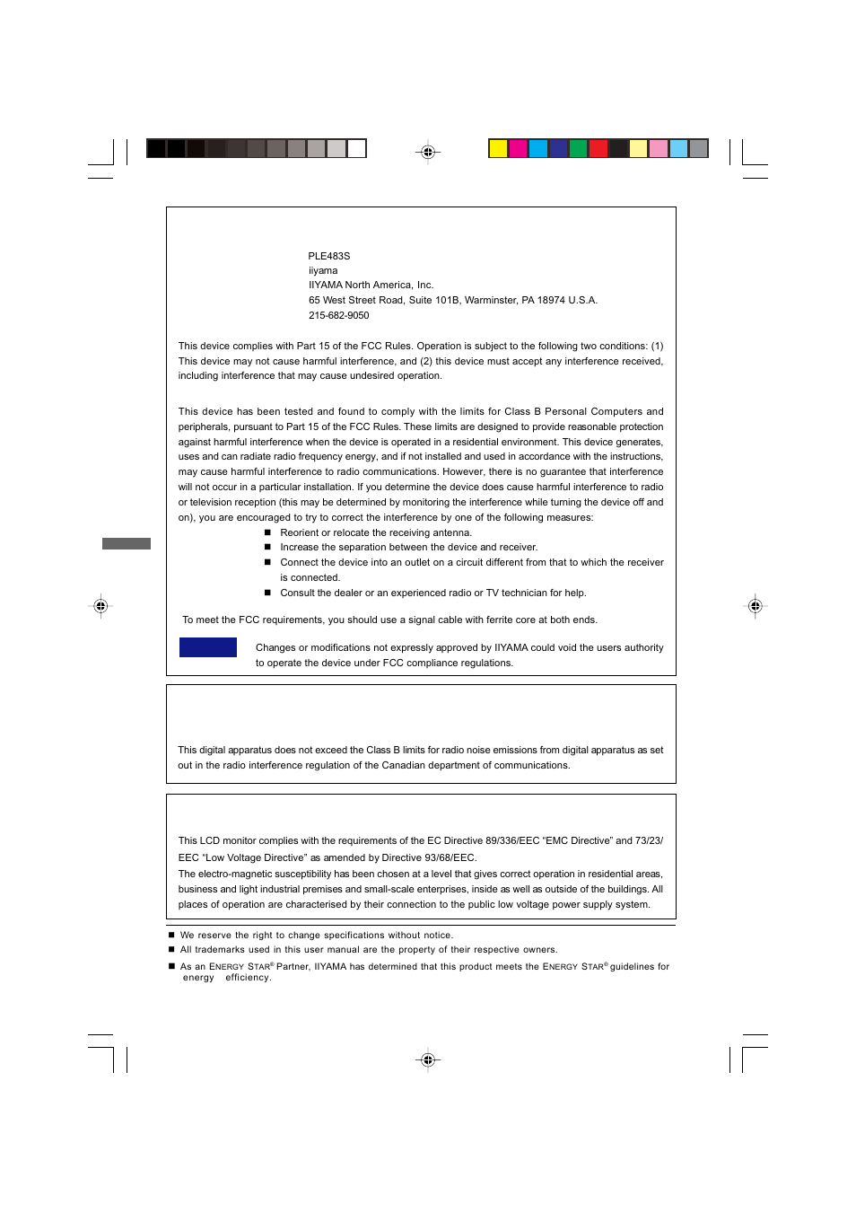 Fcc declaration of conformity, Ce marking declaration of conformity | Iiyama Prolite E4835 User Manual | Page 4 / 25