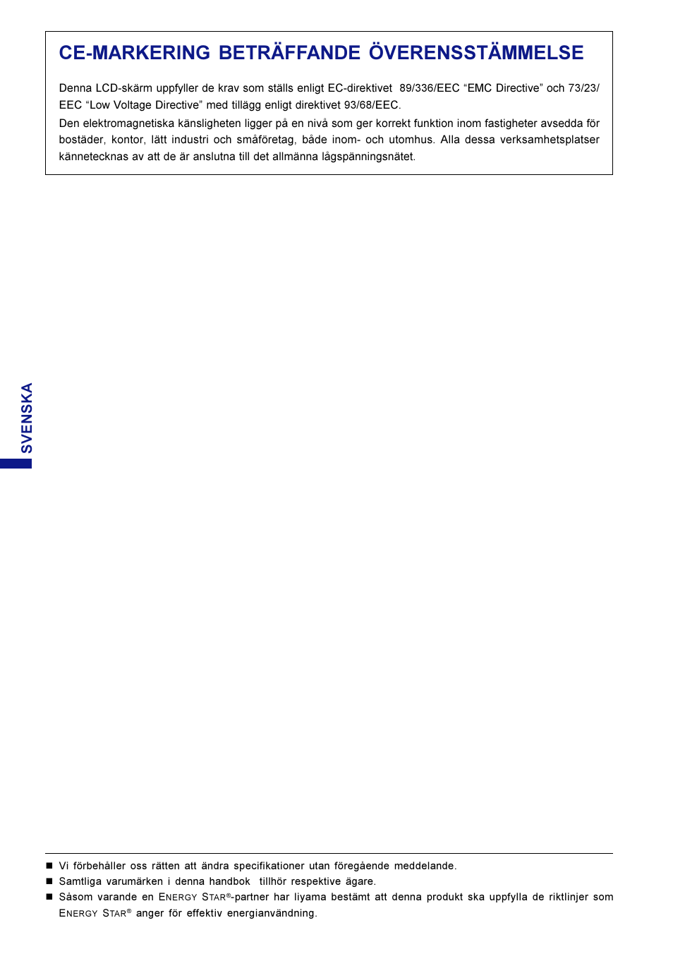 Ce-markering beträffande överensstämmelse, Svenska | Iiyama HM703UT User Manual | Page 88 / 108