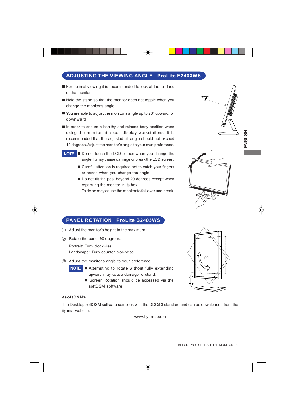 Panel rotation : prolite b2403ws, Adjusting the viewing angle : prolite e2403ws | Iiyama PROLITE B2403WS User Manual | Page 13 / 30
