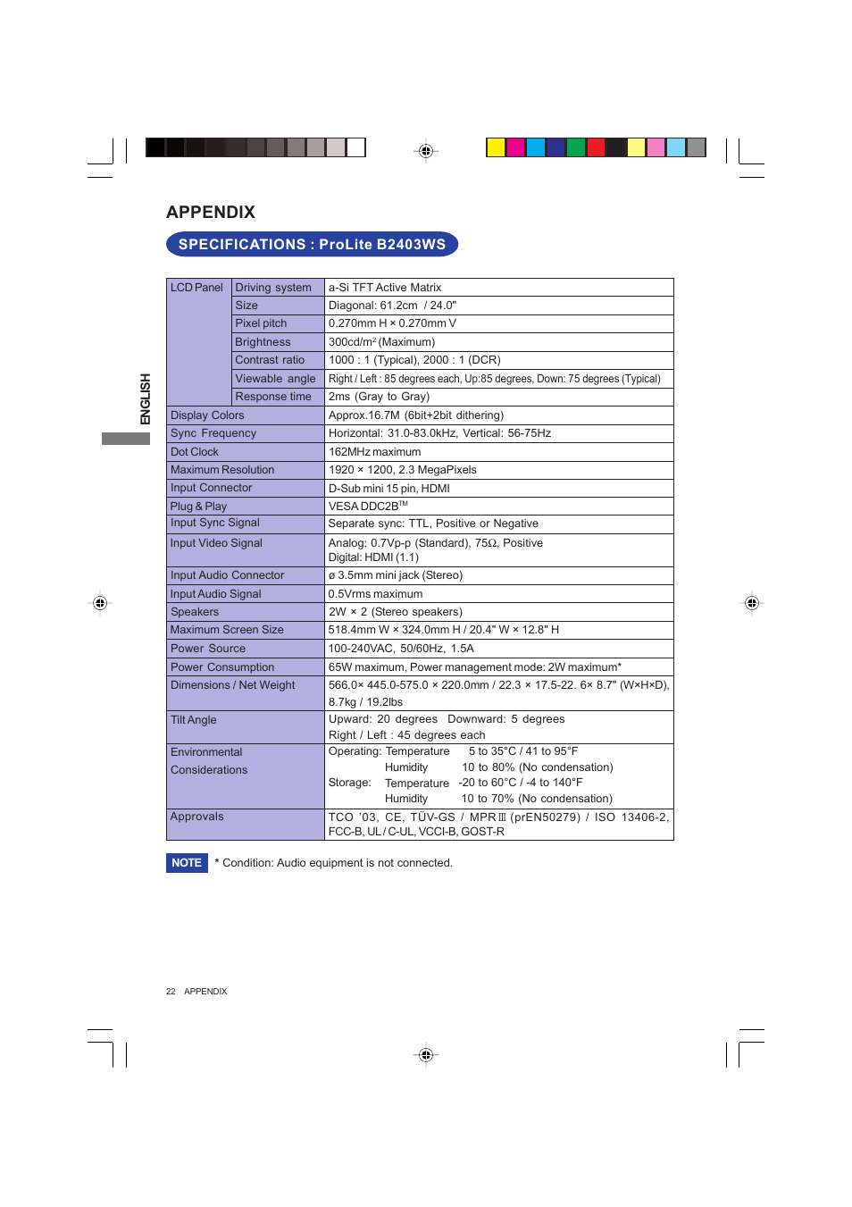 Appendix, Specifications : prolite b2403ws | Iiyama PROLITE B2403WS User Manual | Page 26 / 30