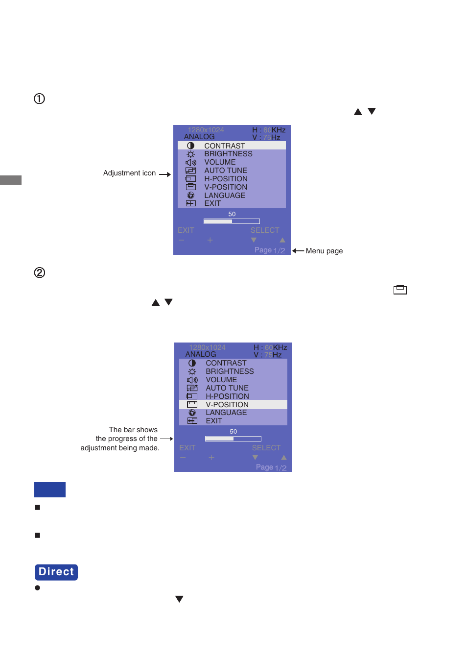 Operating the monitor, Direct | Iiyama PROLITE T1530S User Manual | Page 14 / 30