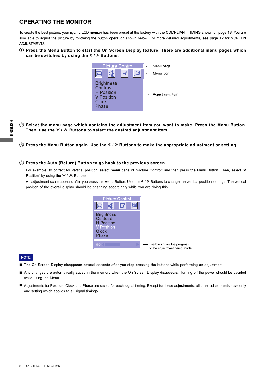 Operating the monitor | Iiyama L403W User Manual | Page 10 / 32